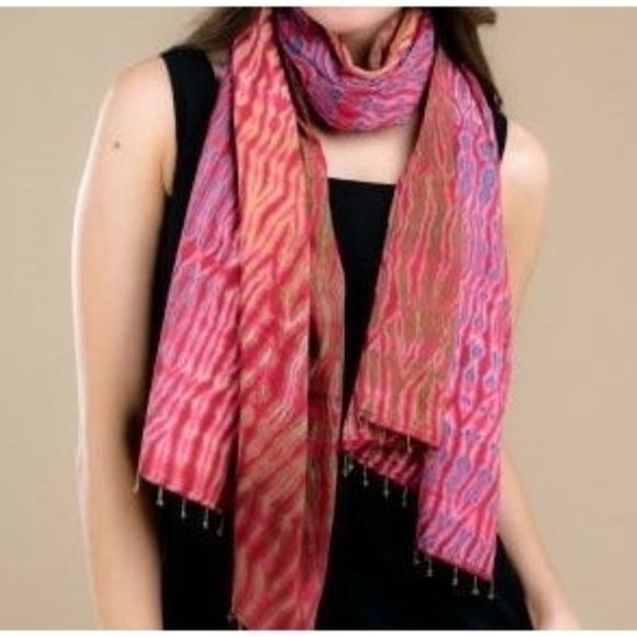 Sevya Beaded Cotton Pink Green Red Handmade Fair Trade Scarf NWOT - Picture 4 of 6